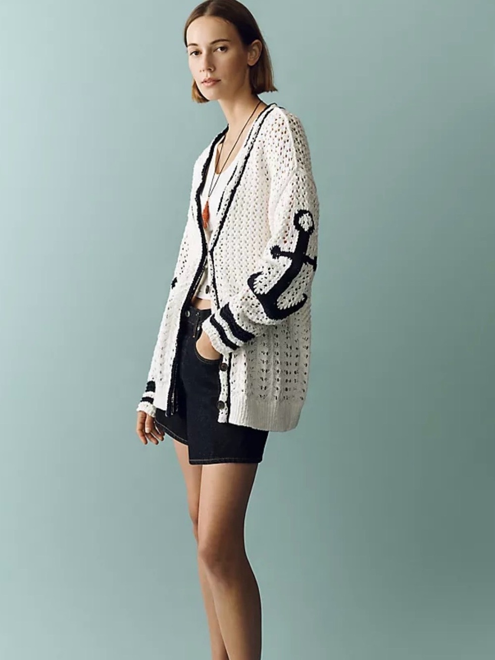 Anthropologie Mauve Knit Cardigan with Navy Anchor Detail. Oversized Med NWT